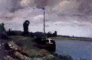 Camille Pissarro River landscape with boat Paysage fluviale avec bateau pres de Pontoise Spain oil painting artist